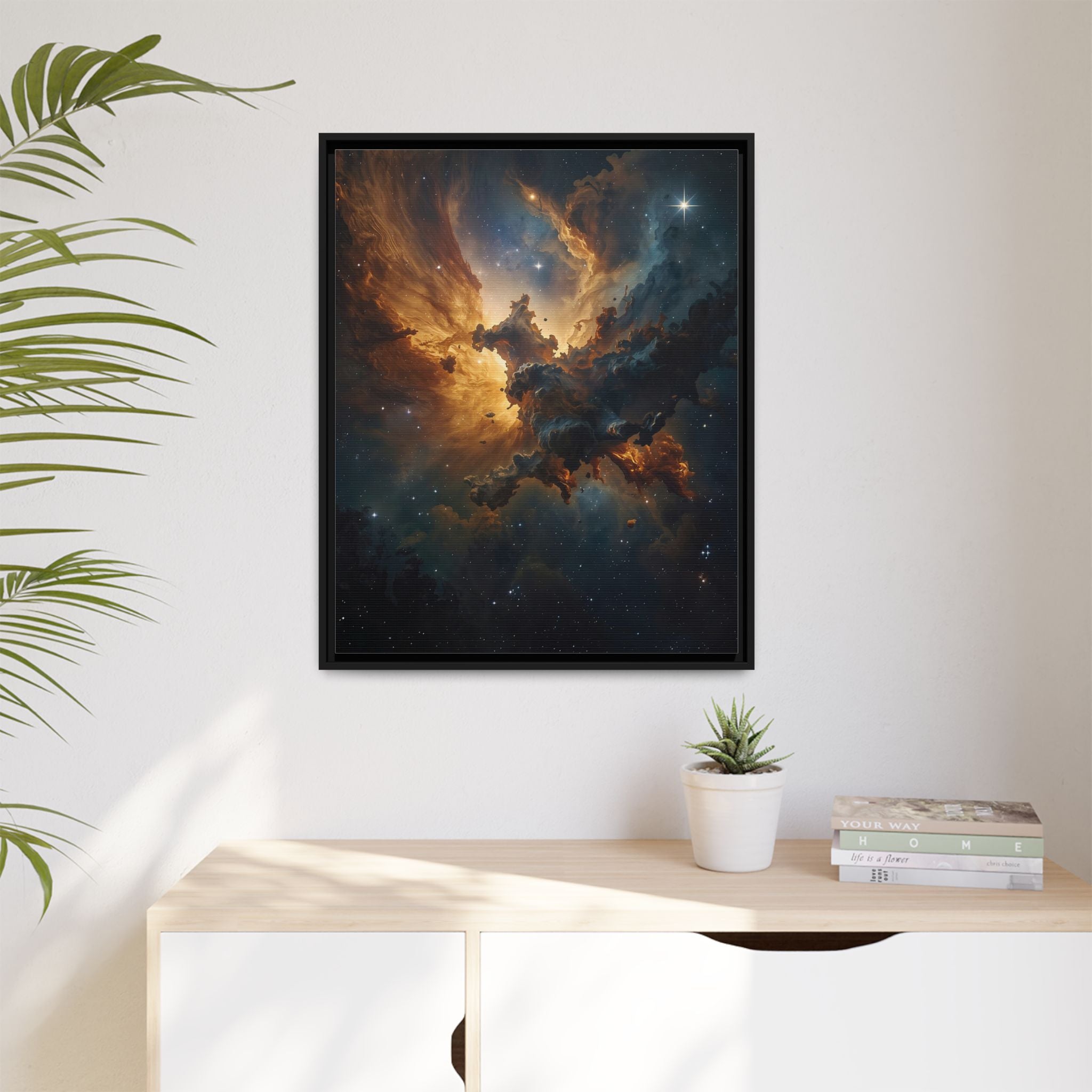 Golden Nebula Canvas Wall Art – Framed Galaxy Artwork, Luxury framed canvas for Living Room & Office