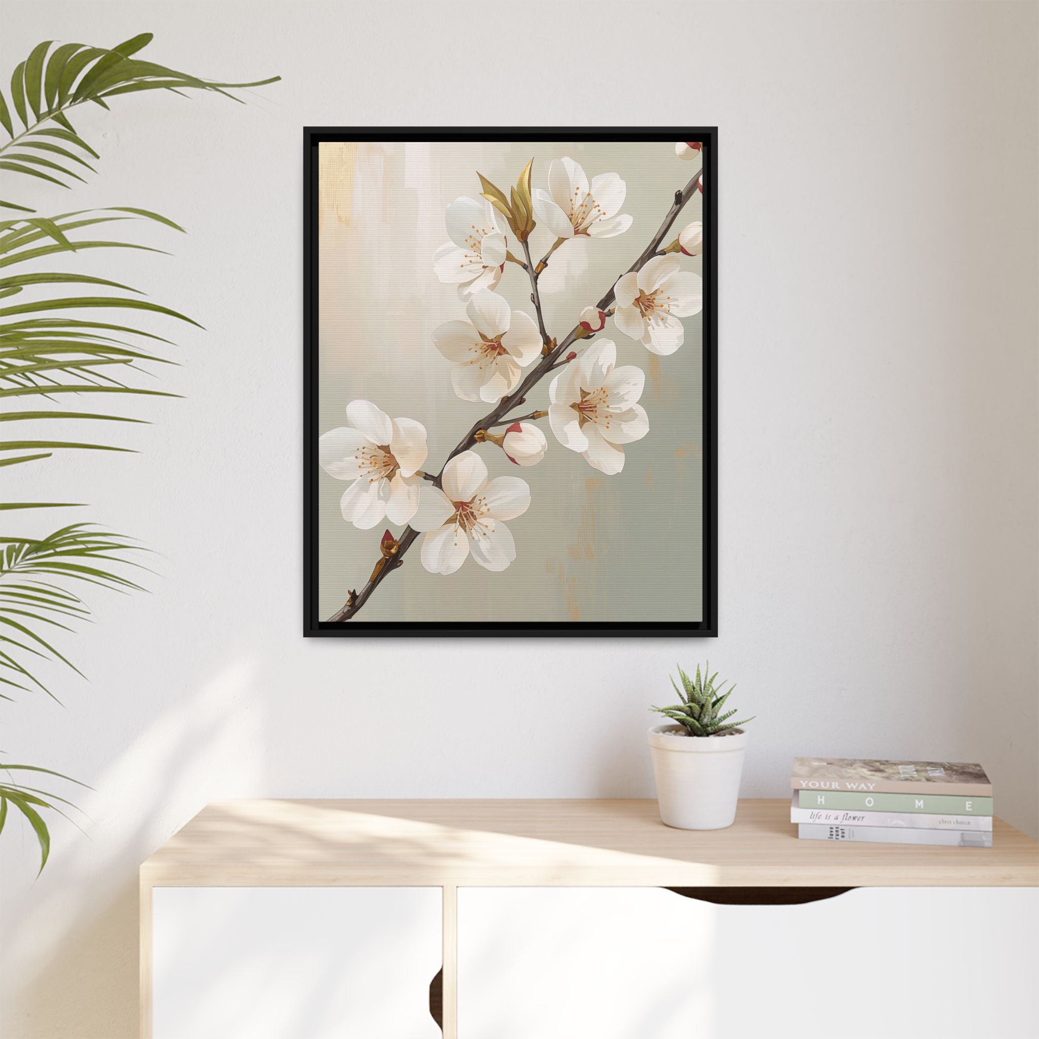 Golden Blossom Elegance – Luxury Floral Framed Canvas, Gold Neutral Wall Art, Refined Botanical Decor