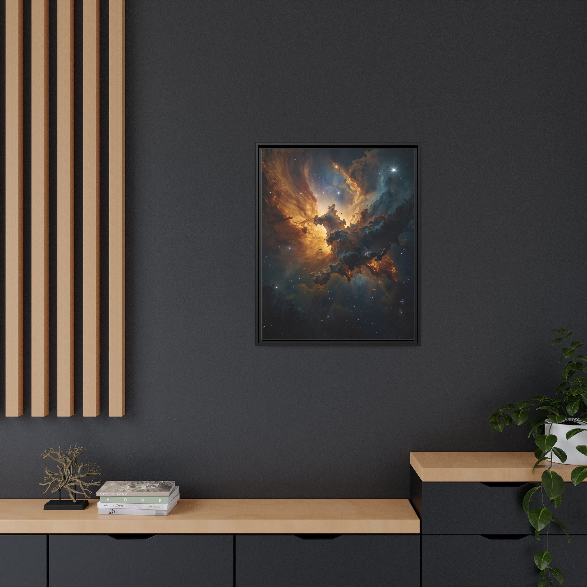 Golden Nebula Canvas Wall Art – Framed Galaxy Artwork, Luxury framed canvas for Living Room & Office