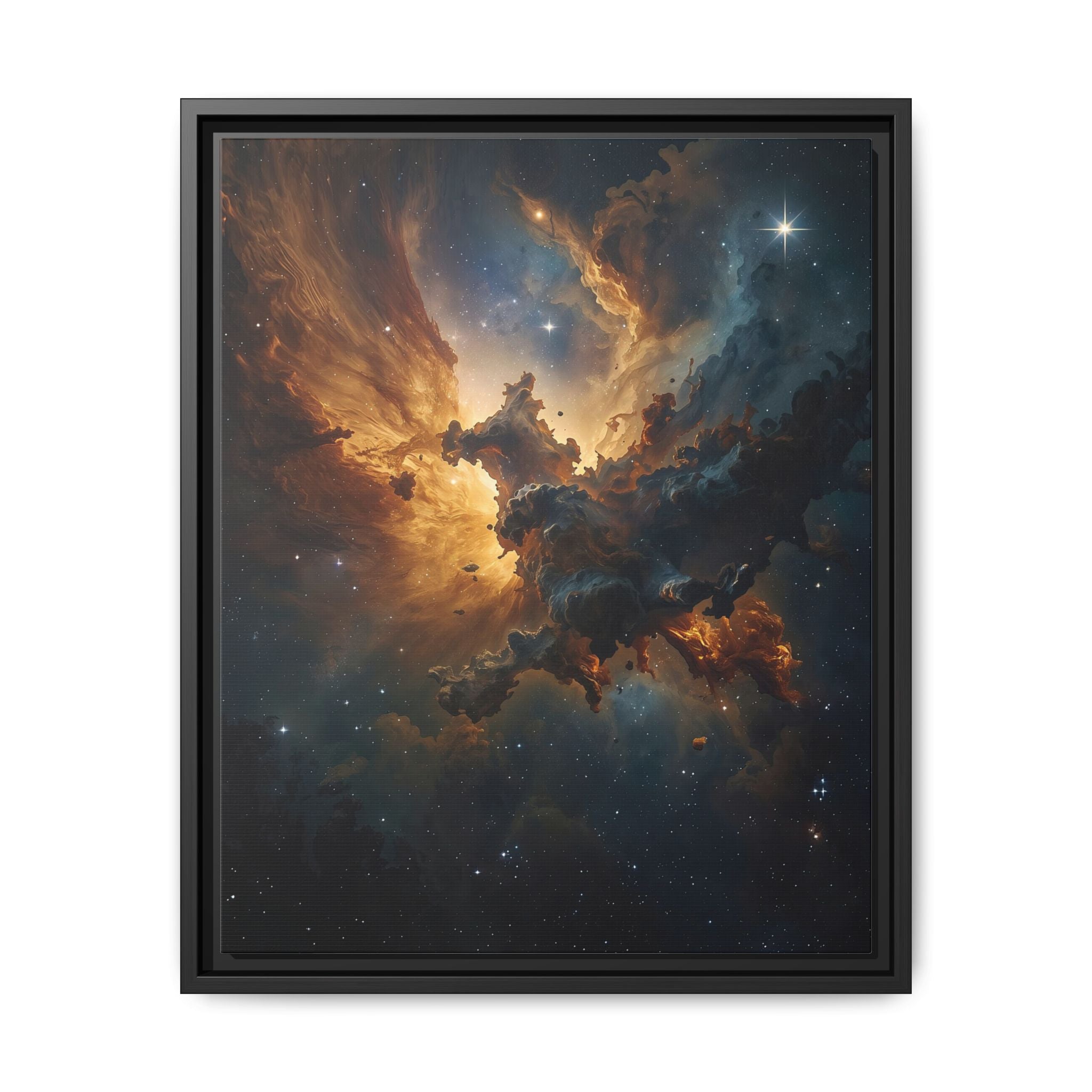 Golden Nebula Canvas Wall Art – Framed Galaxy Artwork, Luxury framed canvas for Living Room & Office