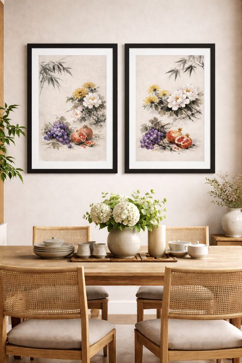 Asian Watercolor Peony, Grapes and Pomegranate Framed Art Print