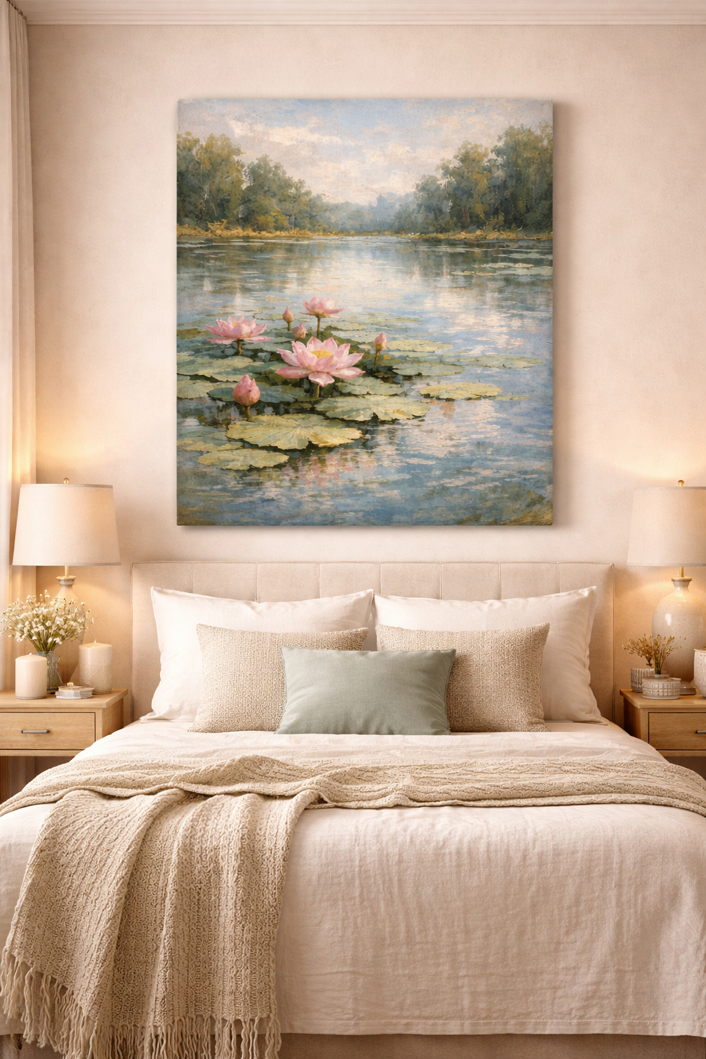 Silent Lotus Pond Canvas Wall Art – Serene Water Lily Landscape, Calm Bedroom Decor
