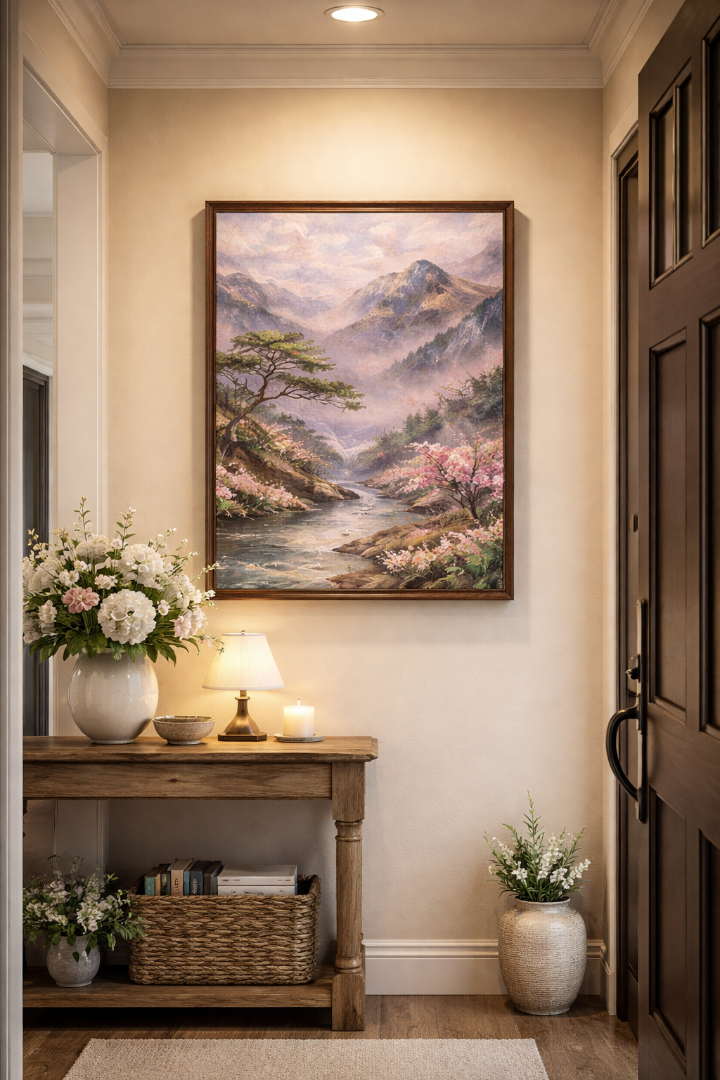 Luxury Framed Canvas Wall Art – Serene Mountain River with Pink Blossoms