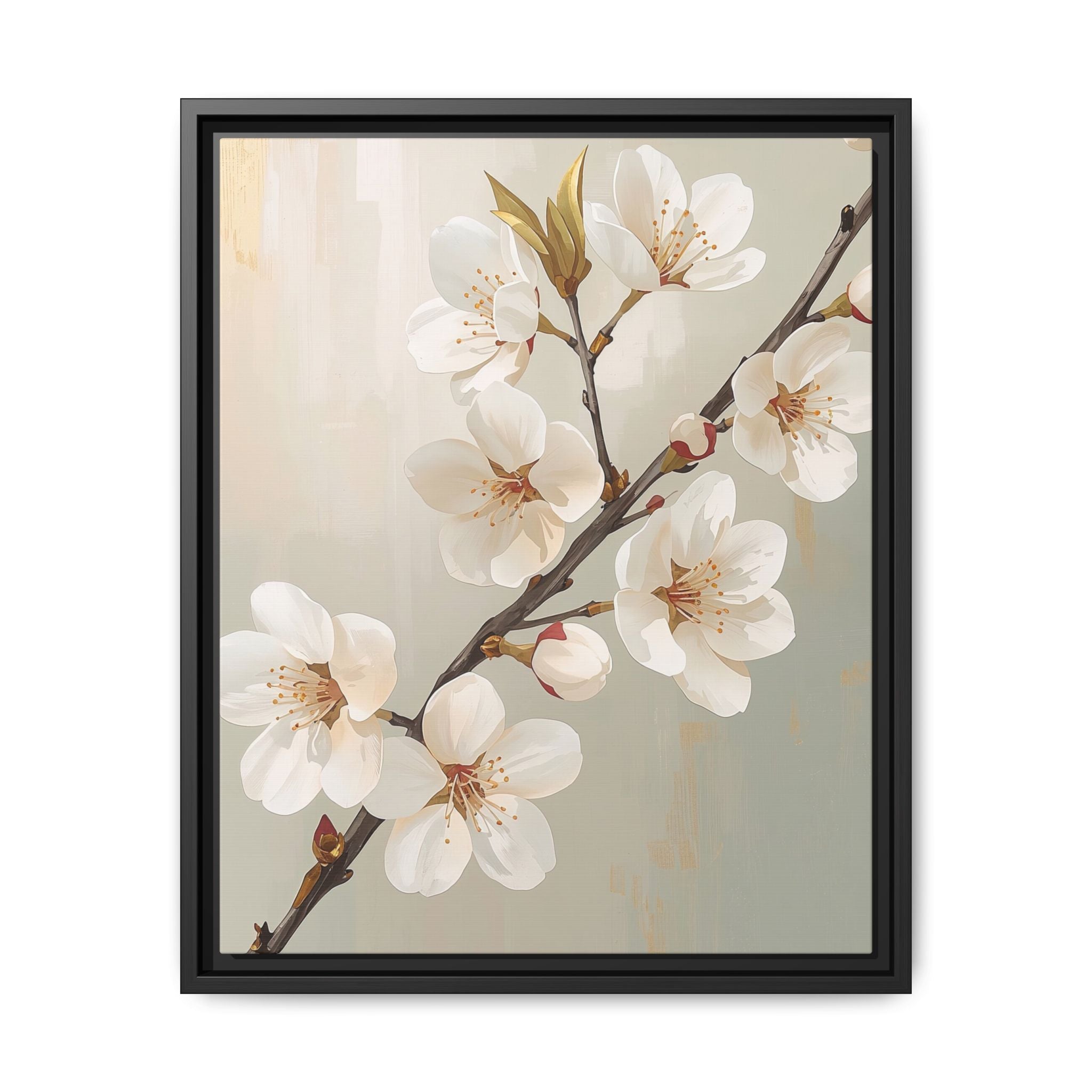 Golden Blossom Elegance – Luxury Floral Framed Canvas, Gold Neutral Wall Art, Refined Botanical Decor