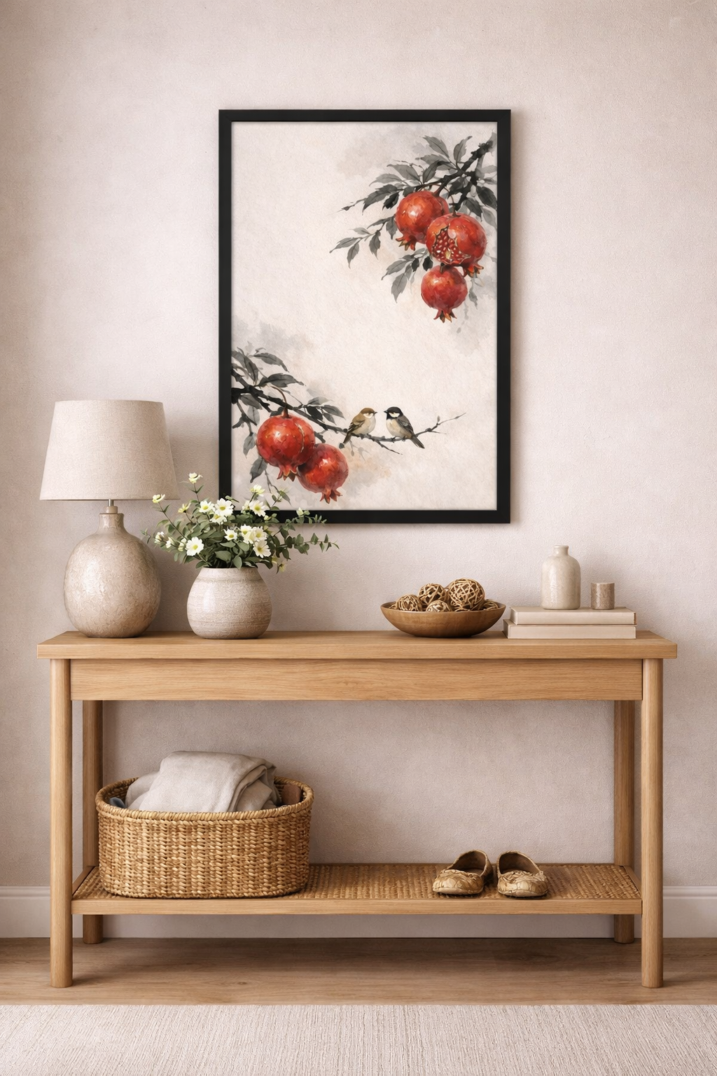 Pomegranate & Birds Framed Wall Art – Asian Botanical Japandi Decor
