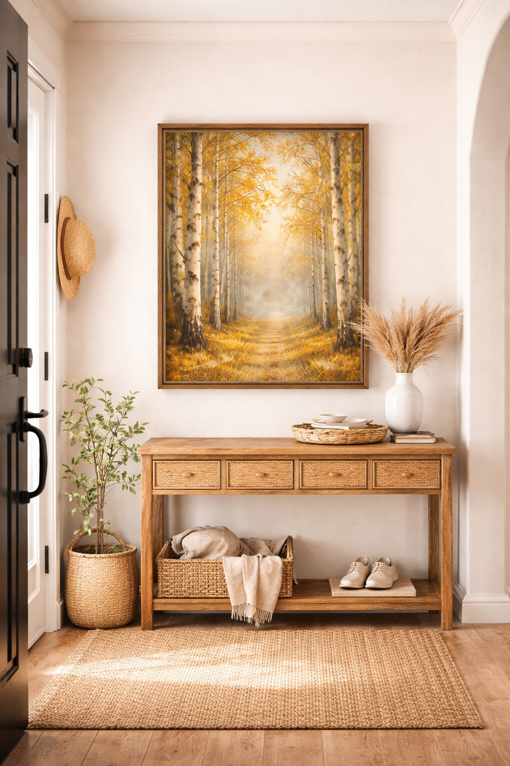 Whispers of Autumn Light – Birch Forest Wall Art Framed Canvas