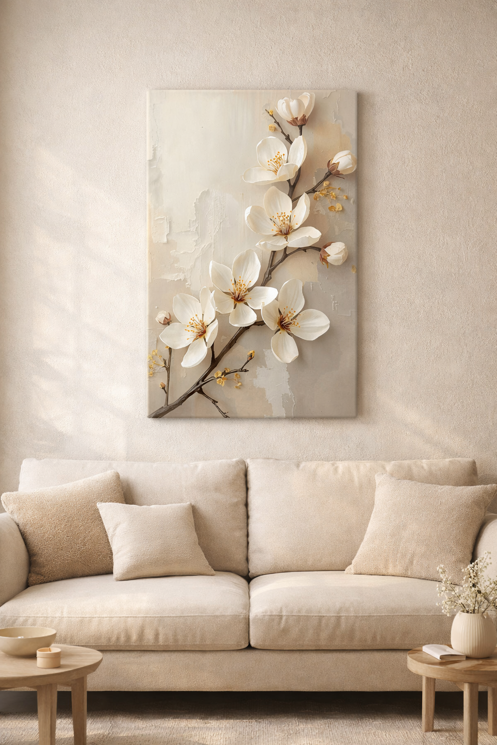 Golden Blossom Harmony – Luxury Floral Canvas Wall Art, Warm Neutral Botanical Painting, Elegant Living Room Decor