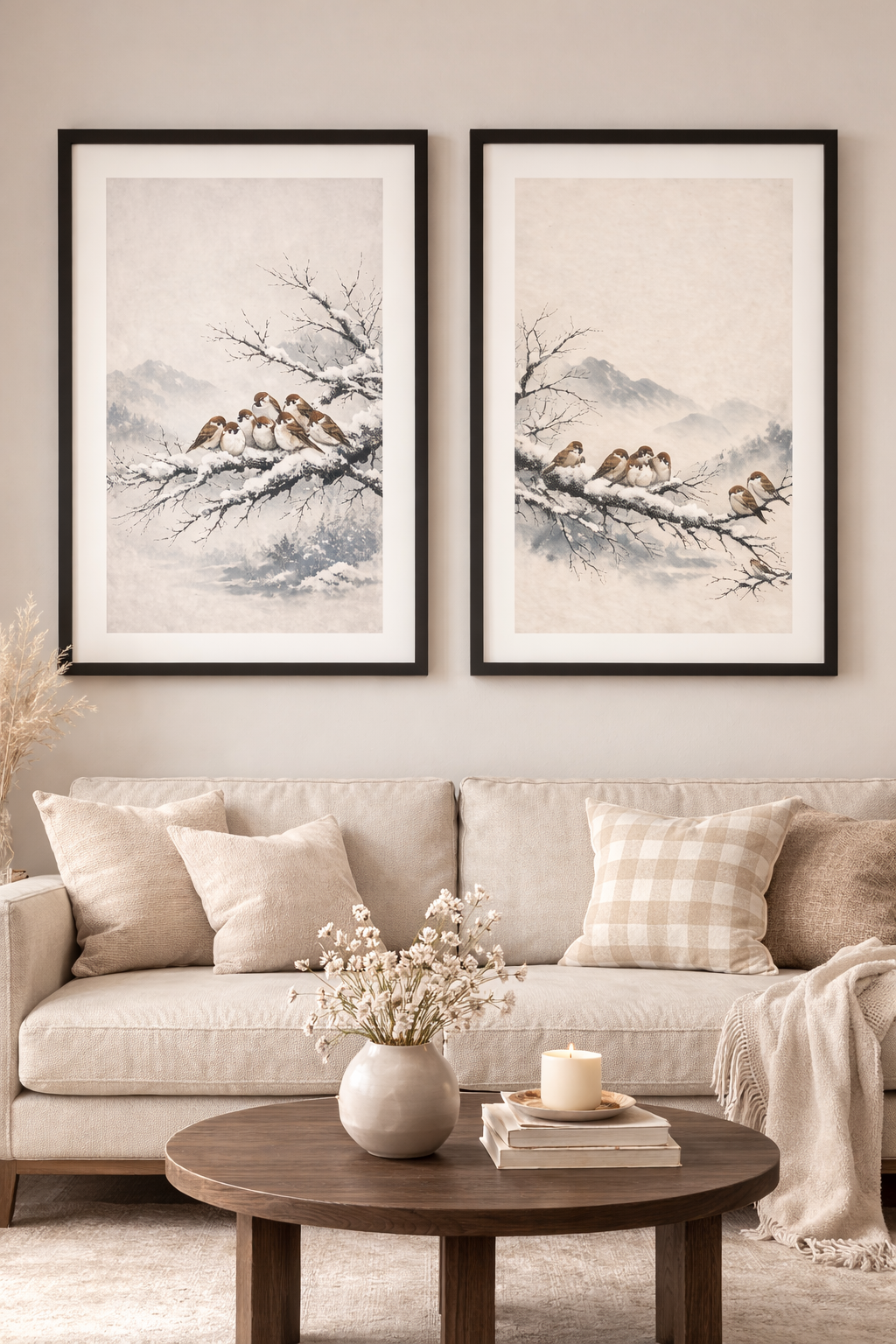 Winter Harmony Sparrows – Zen Ink Bird Framed Wall Art