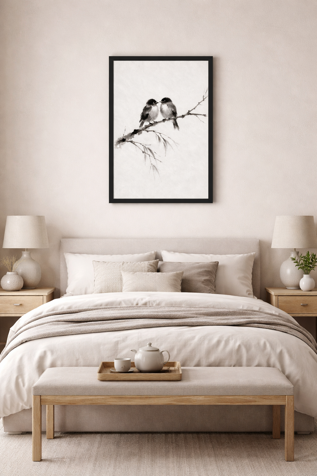 Minimalist Birds on Branch framed Wall Art – Zen Ink Style