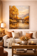 Autumn River Bridge Canvas Wall Art – Rustic Fall Landscape, Warm Gold Nature Decor