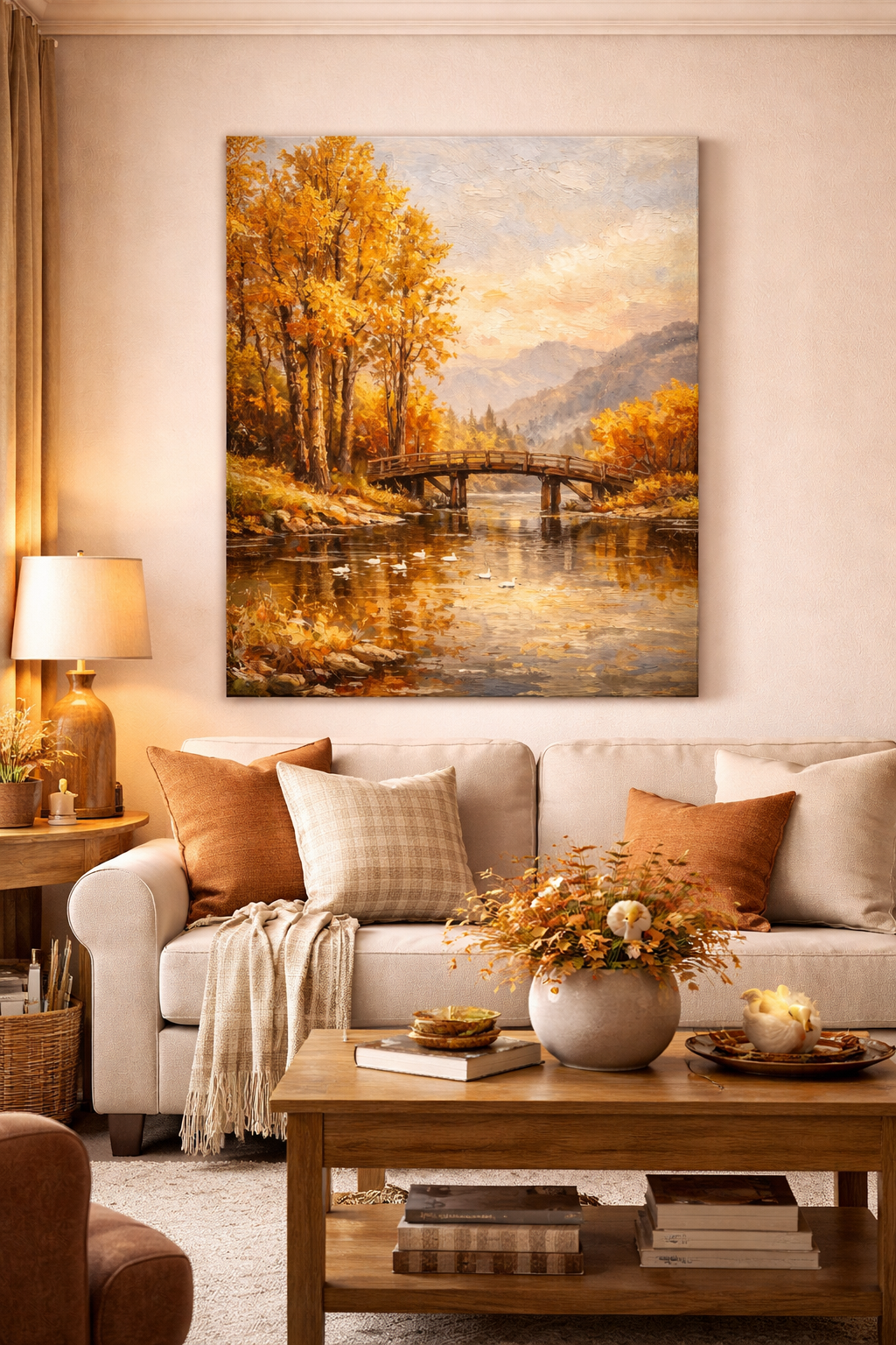 Autumn River Bridge Canvas Wall Art – Rustic Fall Landscape, Warm Gold Nature Decor