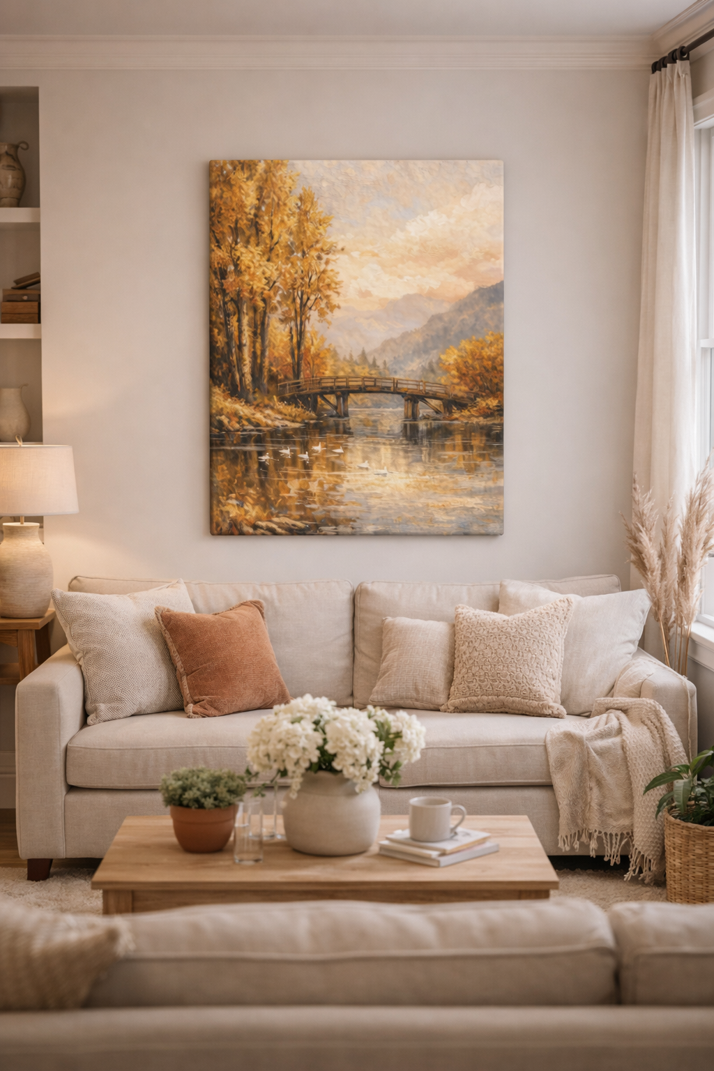 Autumn River Bridge Canvas Wall Art – Rustic Fall Landscape