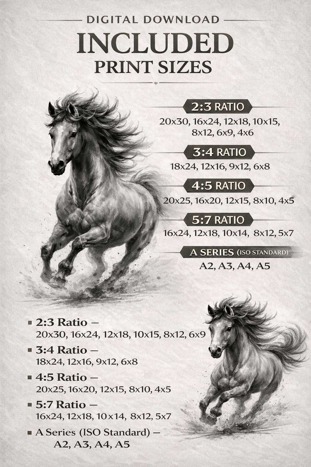 Power Horse-Black and White Horse – Minimal Ink Digital Download