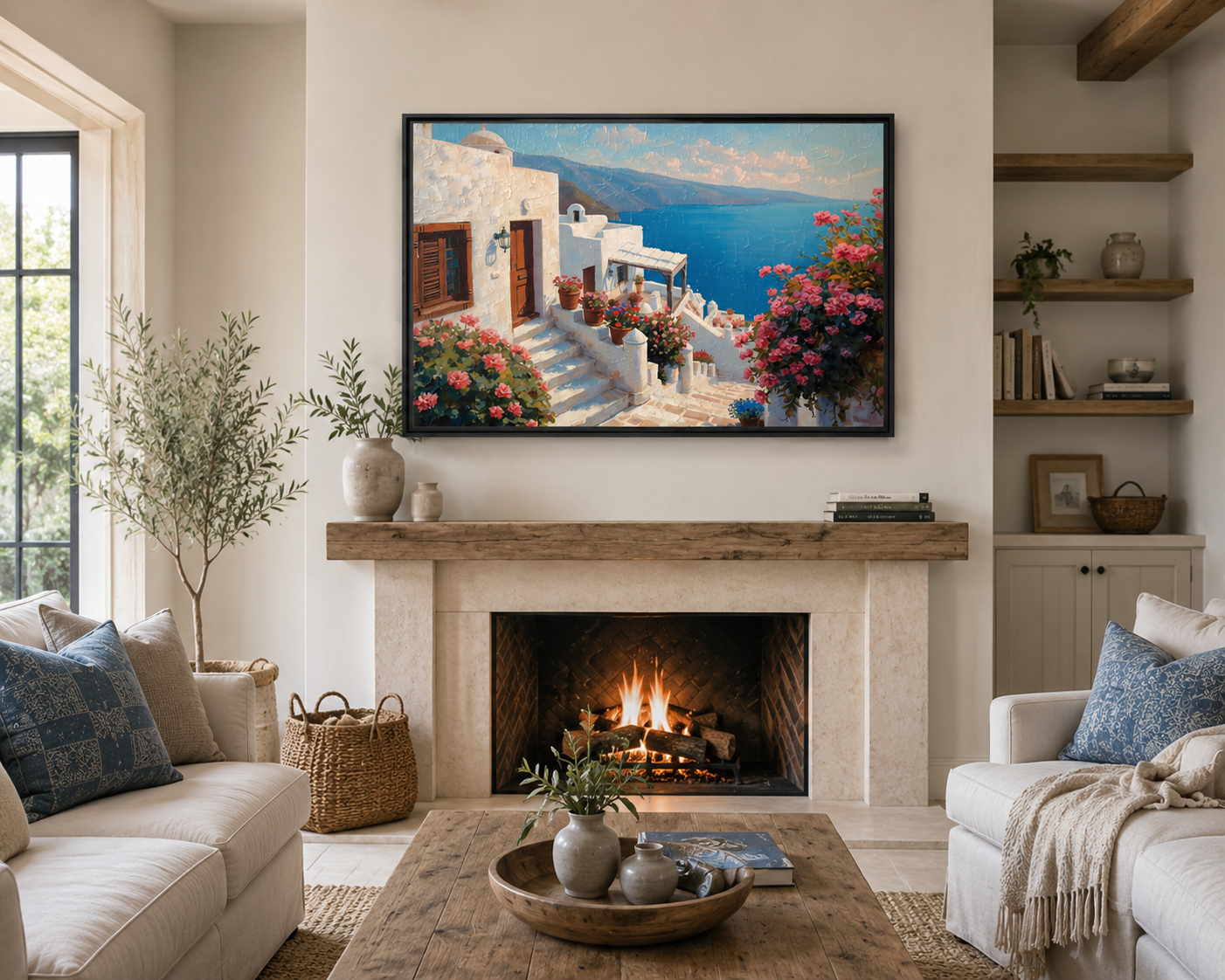 Aegean Serenity_Santorini Coastal Framed Canvas Art