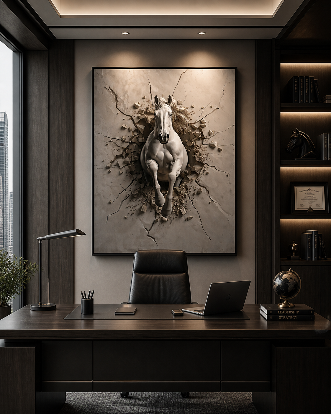 Breaking Through – White Horse Framed Canvas Wall Art