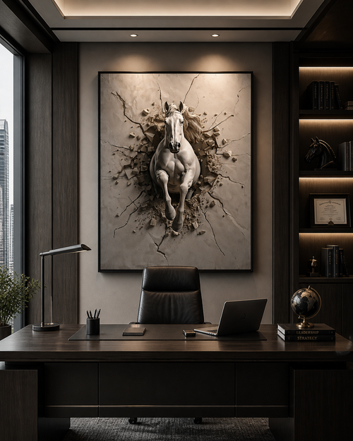 Breaking Through – White Horse Framed Canvas Wall Art