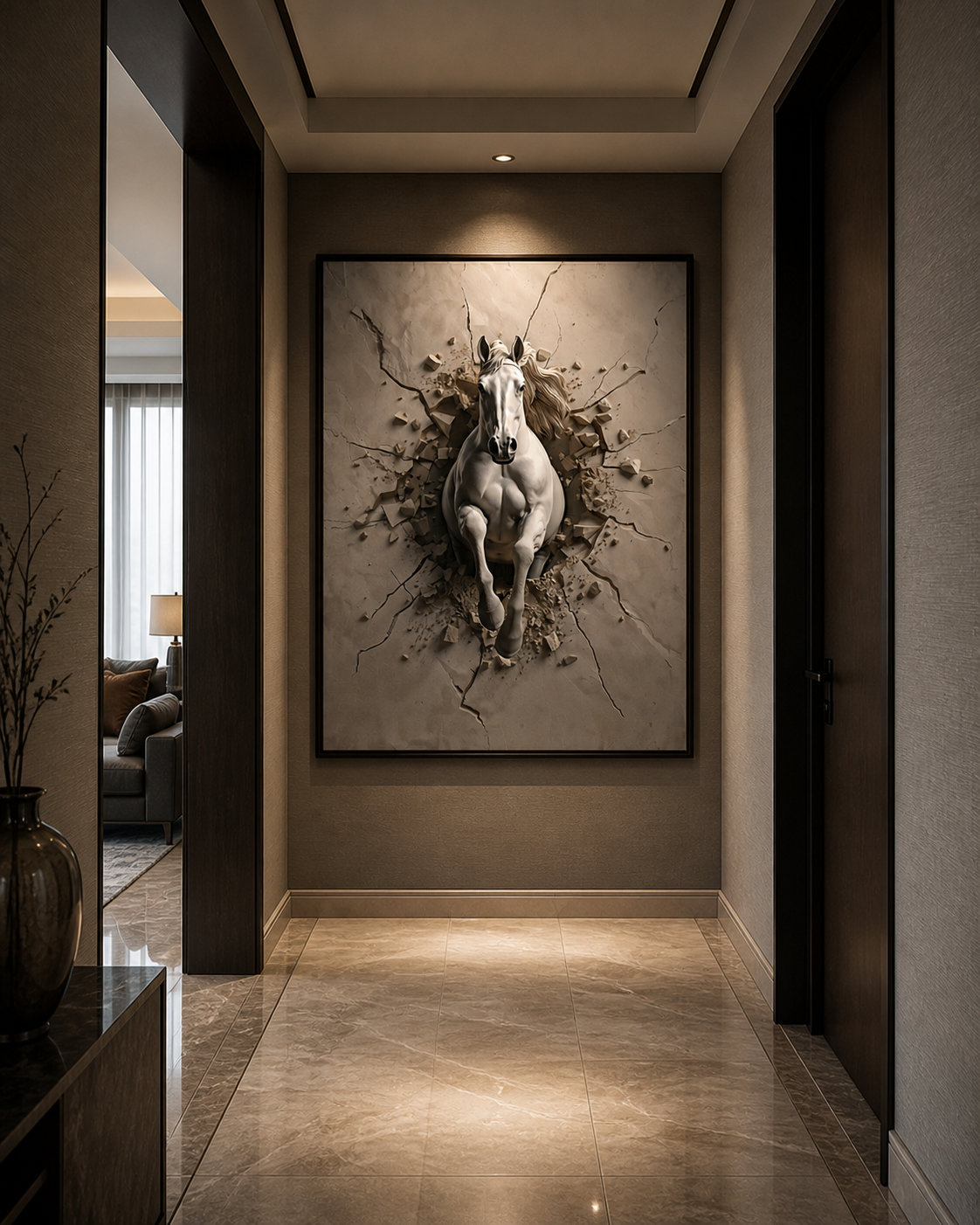 Breaking Through – White Horse Framed Canvas Wall Art