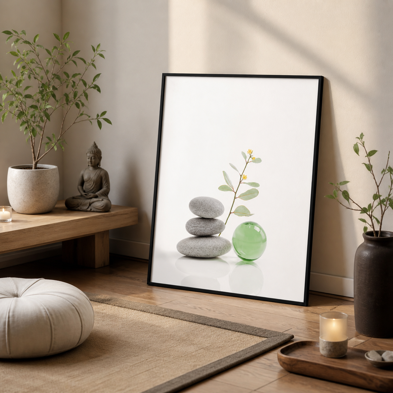 Zen Balance – Minimal Stone & Green Glass Framed Wall Art