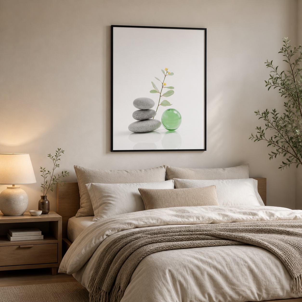 Zen Balance – Minimal Stone & Green Glass Framed Wall Art