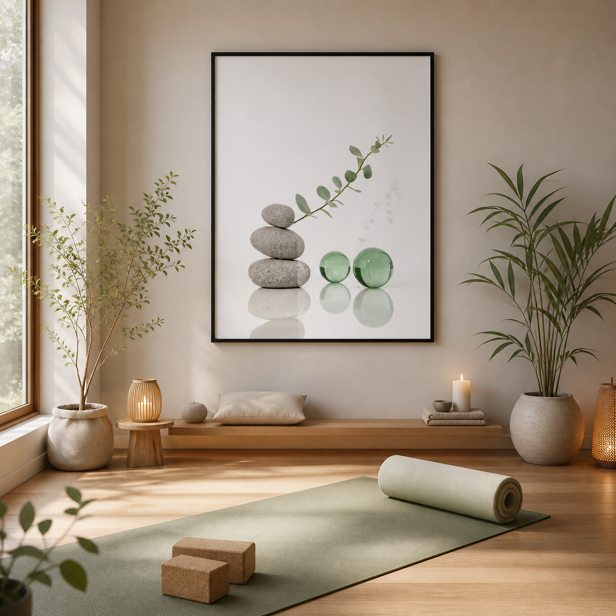 Quiet Balance – Minimal Stone & Green Sphere Framed Wall Art