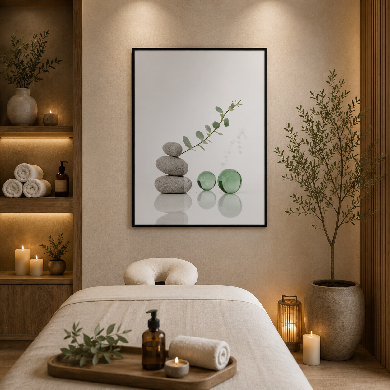 Quiet Balance – Minimal Stone & Green Sphere Framed Wall Art