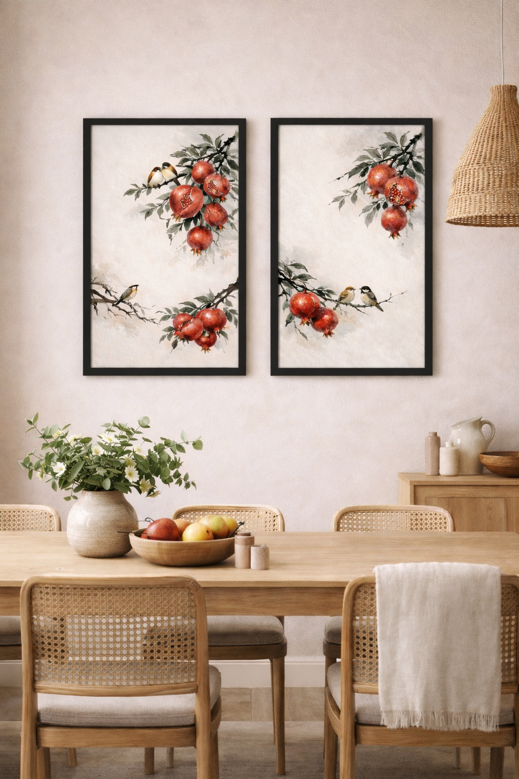 Pomegranate & Birds Framed – Asian Ink Botanical Japandi Decor