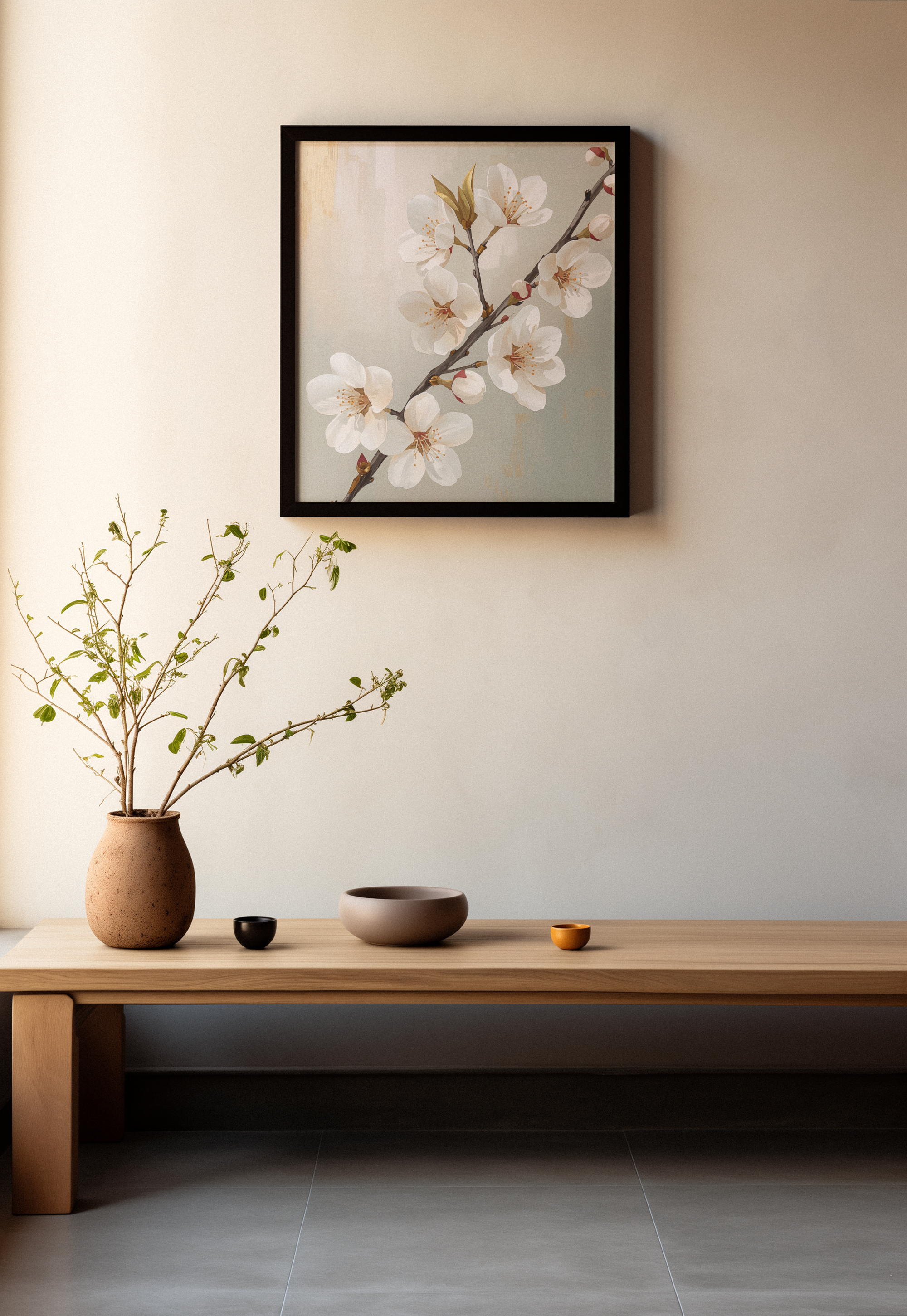 Golden Blossom Elegance – Luxury Floral Framed Canvas, Gold Neutral Wall Art, Refined Botanical Decor