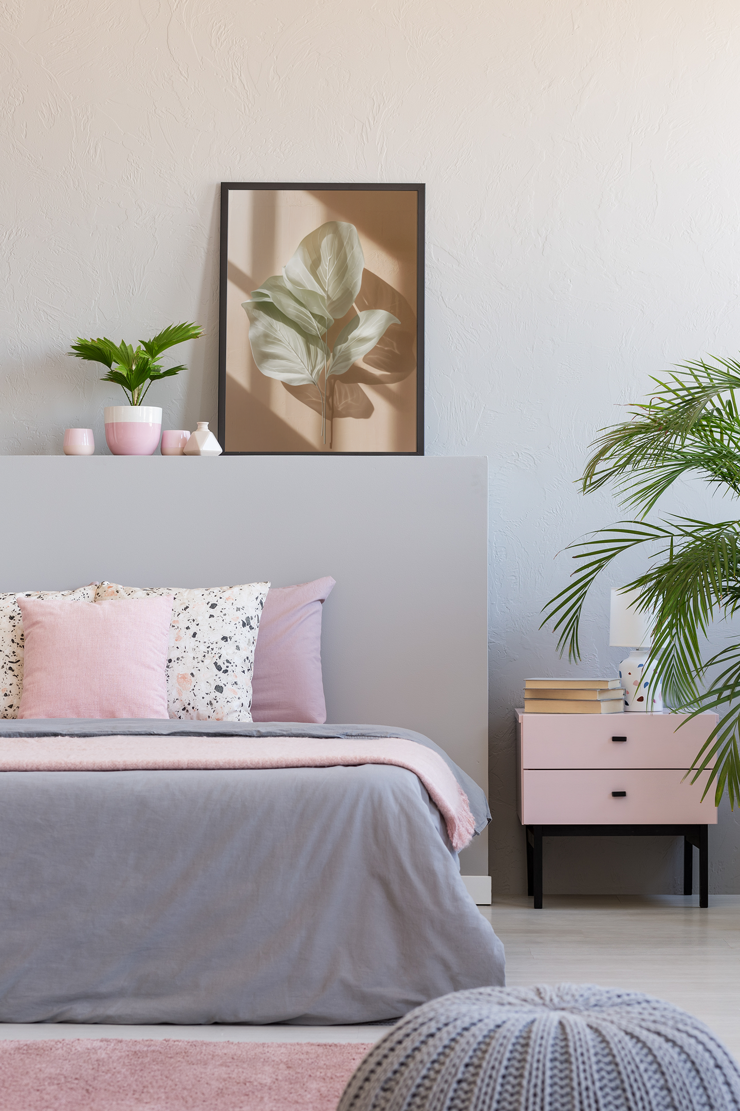 Soft Neutral Leaf Print Wall Art, Minimalist Botanical Decor with Warm Light Shadow, Calm Modern Interior