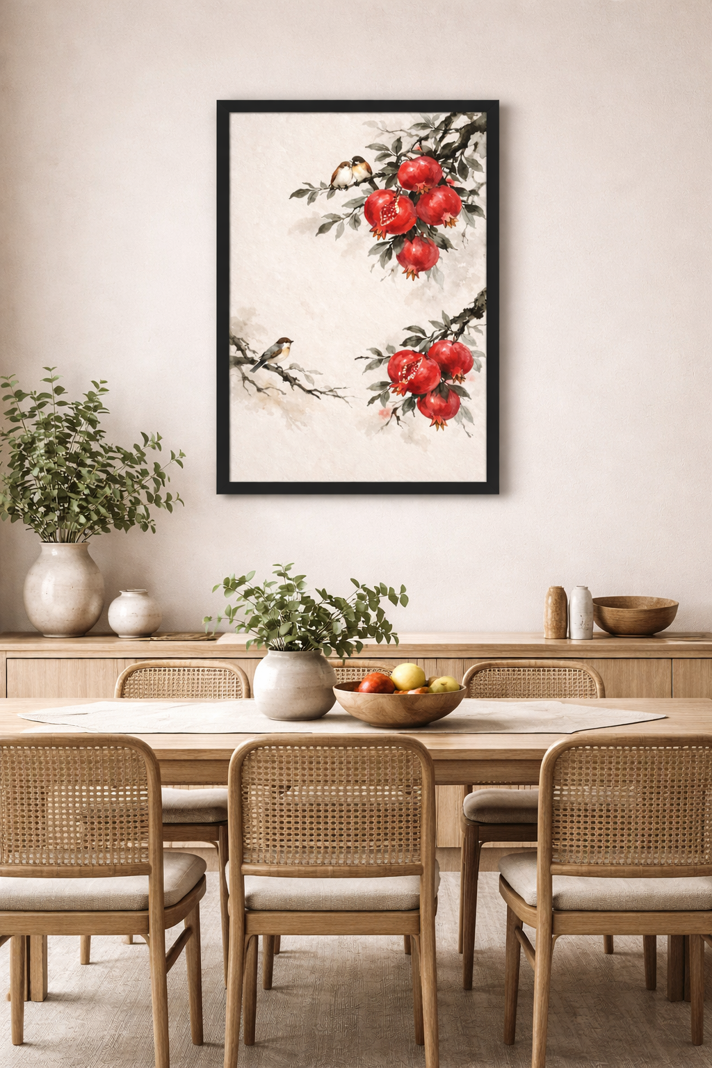 Pomegranate & Birds Framed – Asian Ink Botanical Japandi Decor