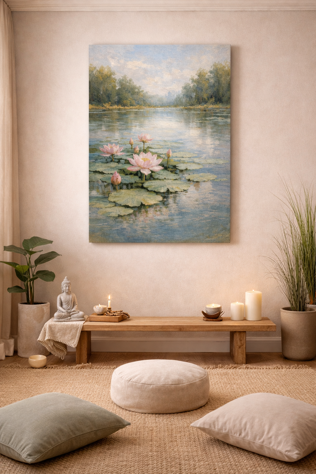Silent Lotus Pond Canvas Wall Art – Serene Water Lily Landscape, Calm Bedroom Decor