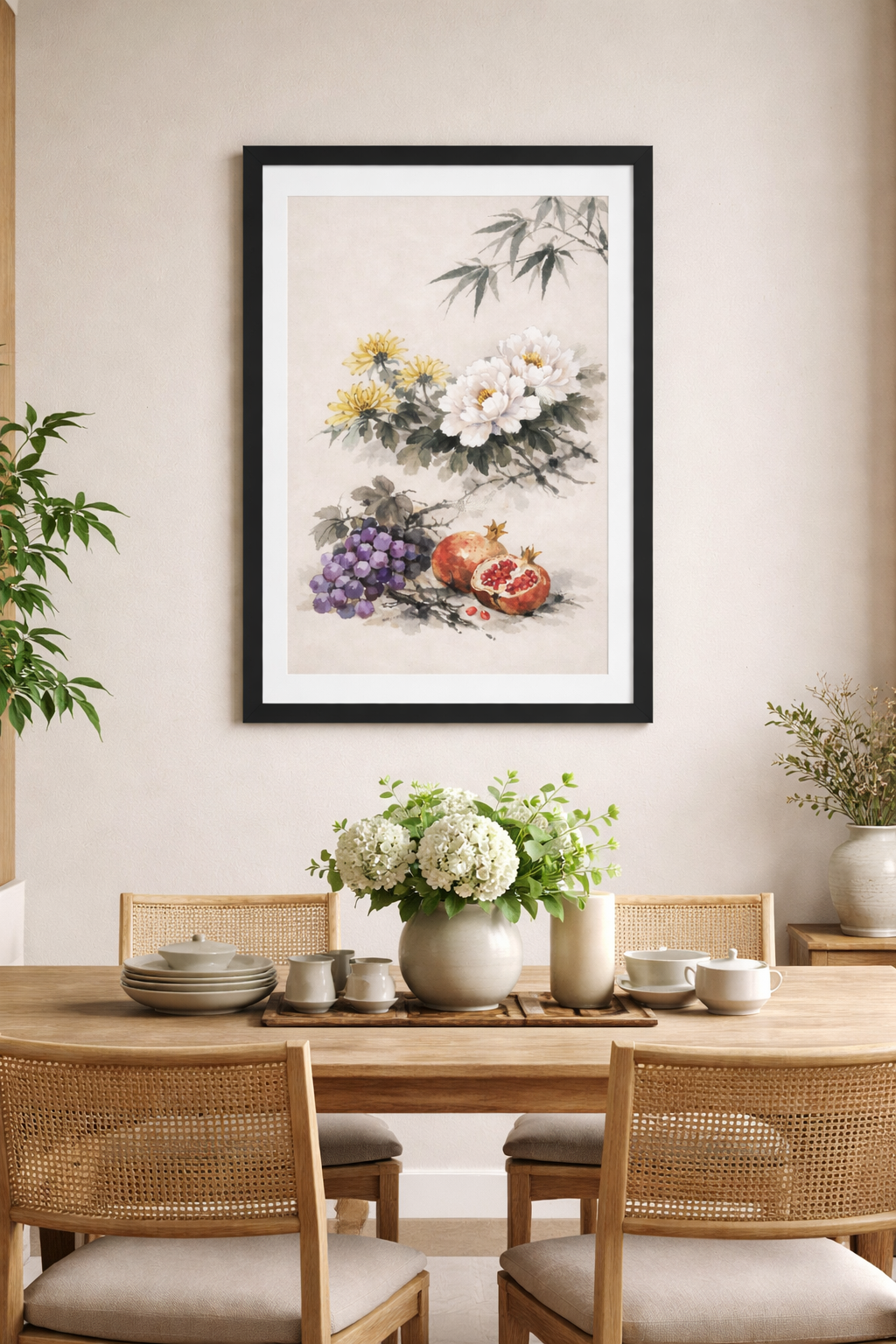 Asian Watercolor Peony, Grapes and Pomegranate Framed Art Print