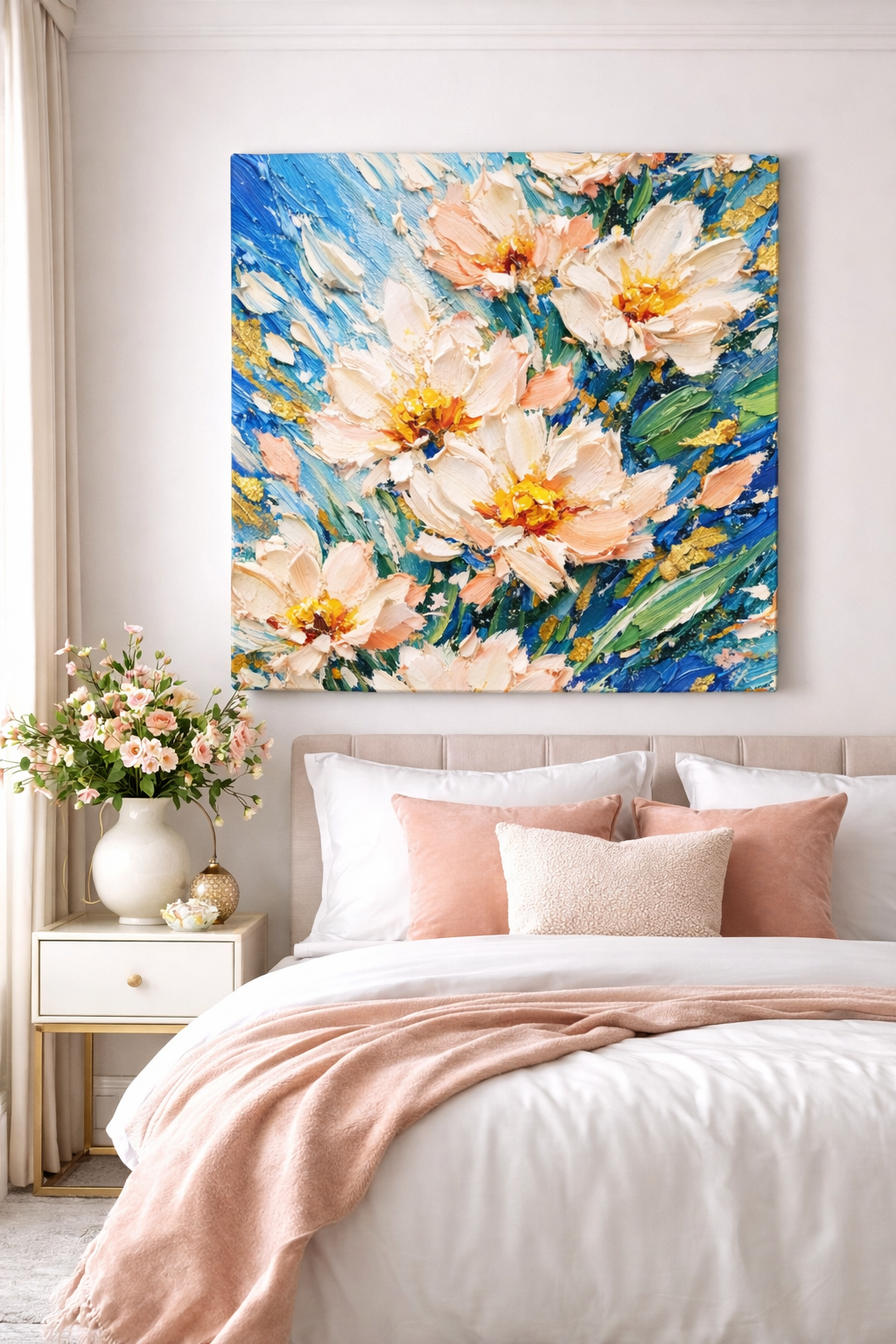 Golden Peony Canvas Wall Art – Luxury Neutral Floral Painting