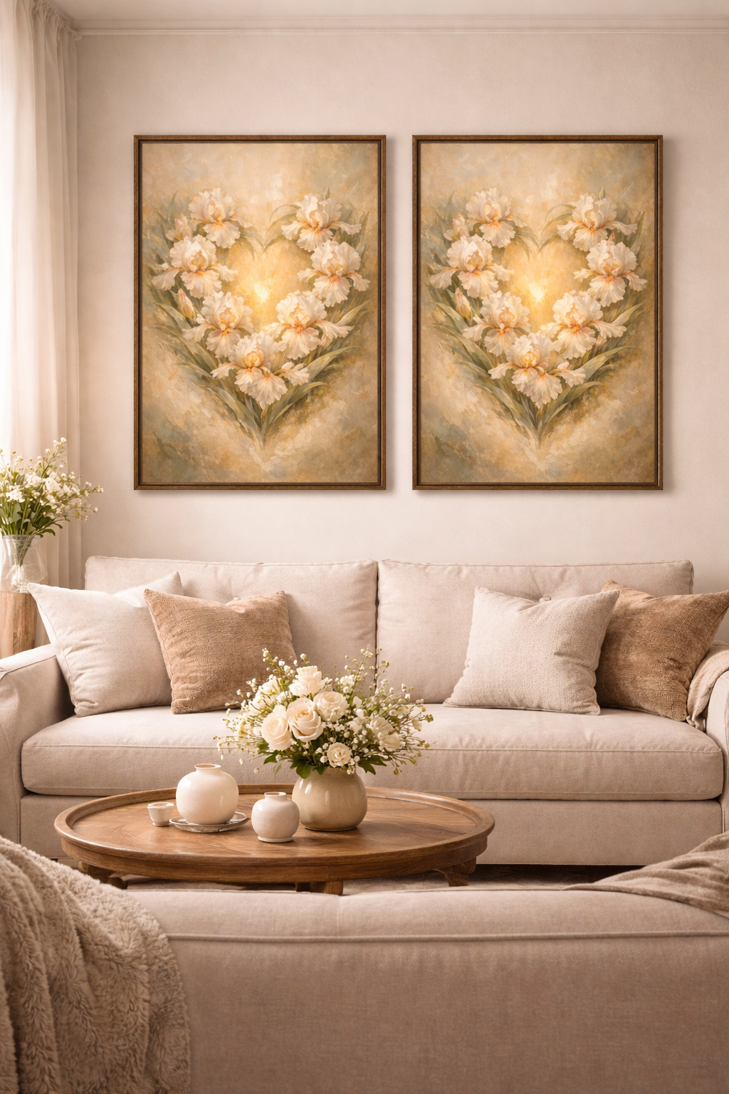 Heart of Light Floral Framed Canvas, Romantic Gold Flower Painting