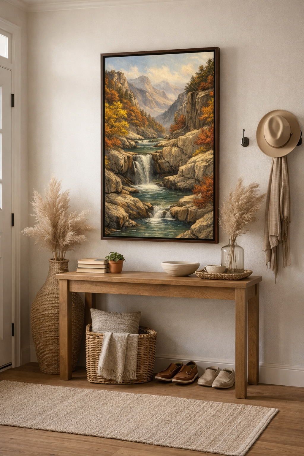 Golden Cascade Serenity – Framed Canvas Mountain Waterfall Wall Art