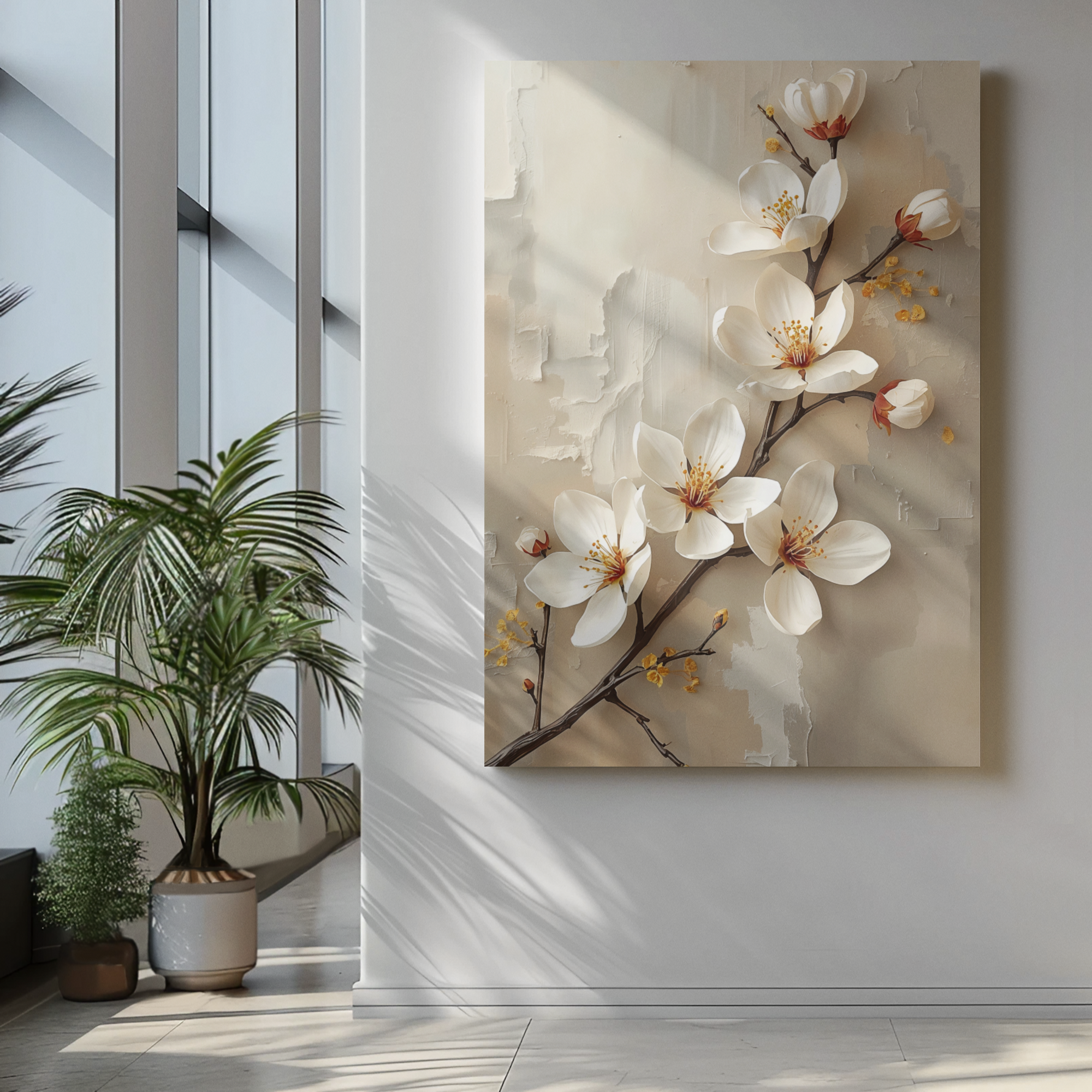 Golden Blossom Harmony – Luxury Floral Canvas Wall Art, Warm Neutral Botanical Painting, Elegant Living Room Decor