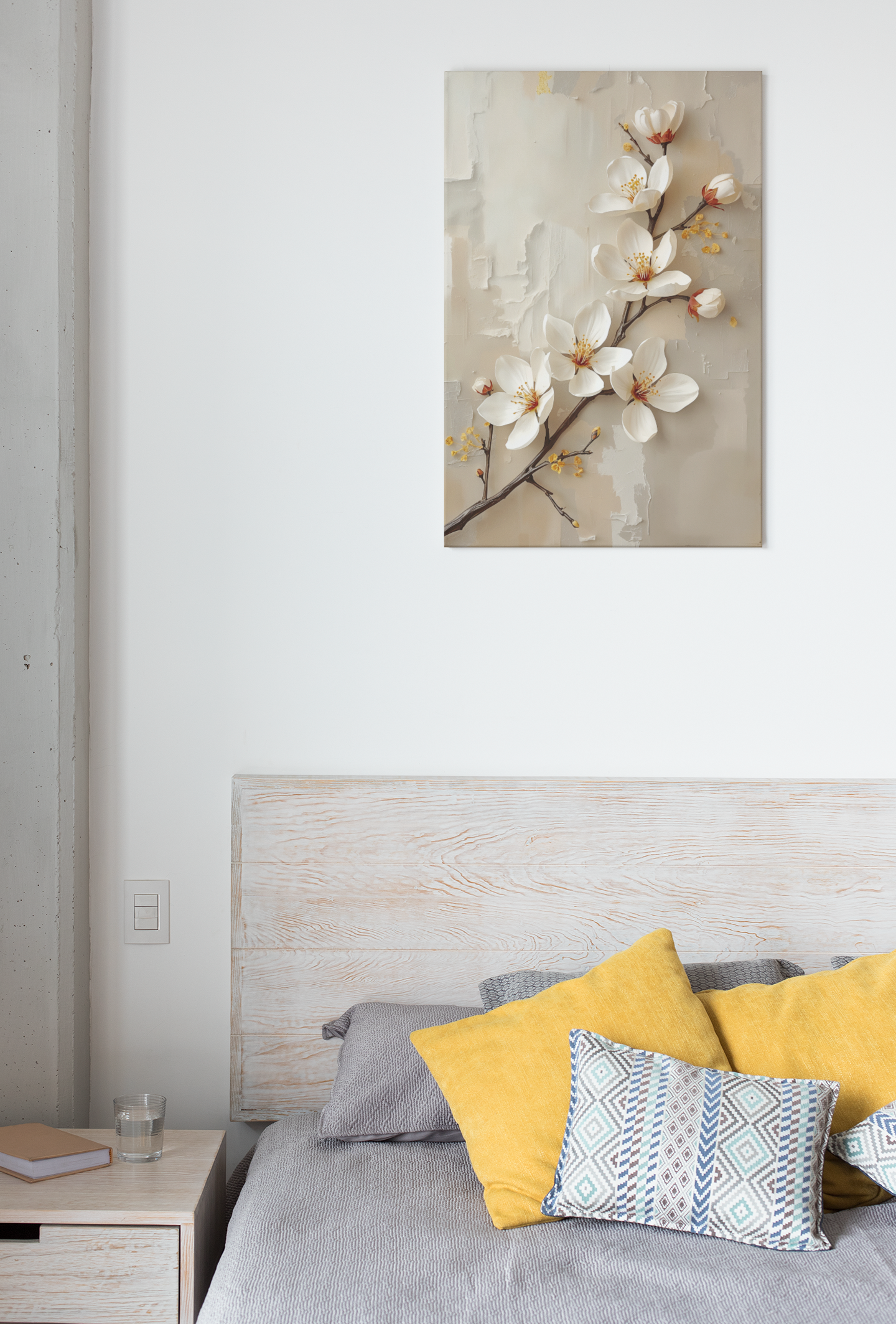 Golden Blossom Harmony – Luxury Floral Canvas Wall Art, Warm Neutral Botanical Painting, Elegant Living Room Decor