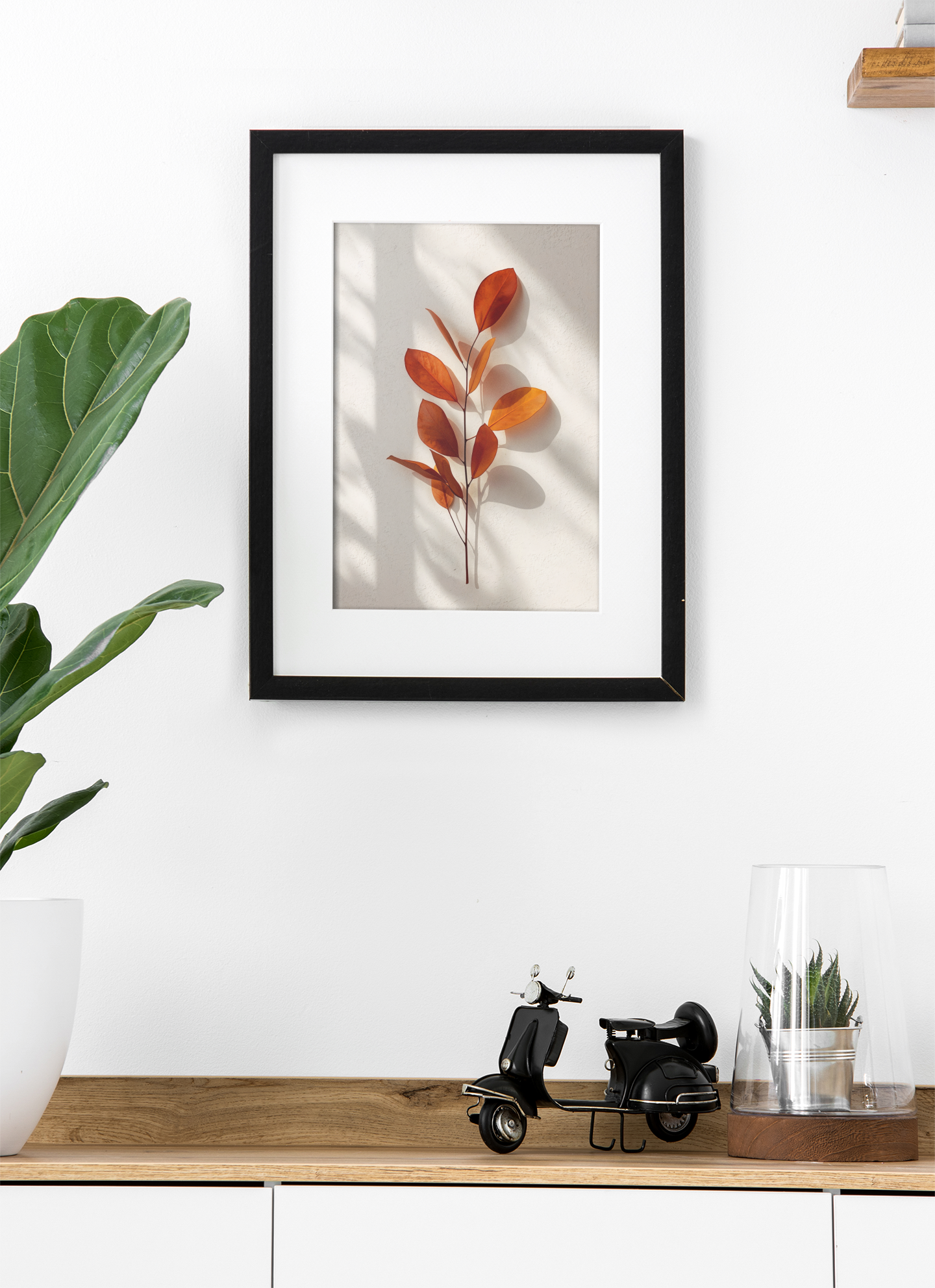 Minimalist Terracotta Leaf Framed Wall Art, Warm Botanical Print with Soft Shadow, Neutral Modern Home Decor
