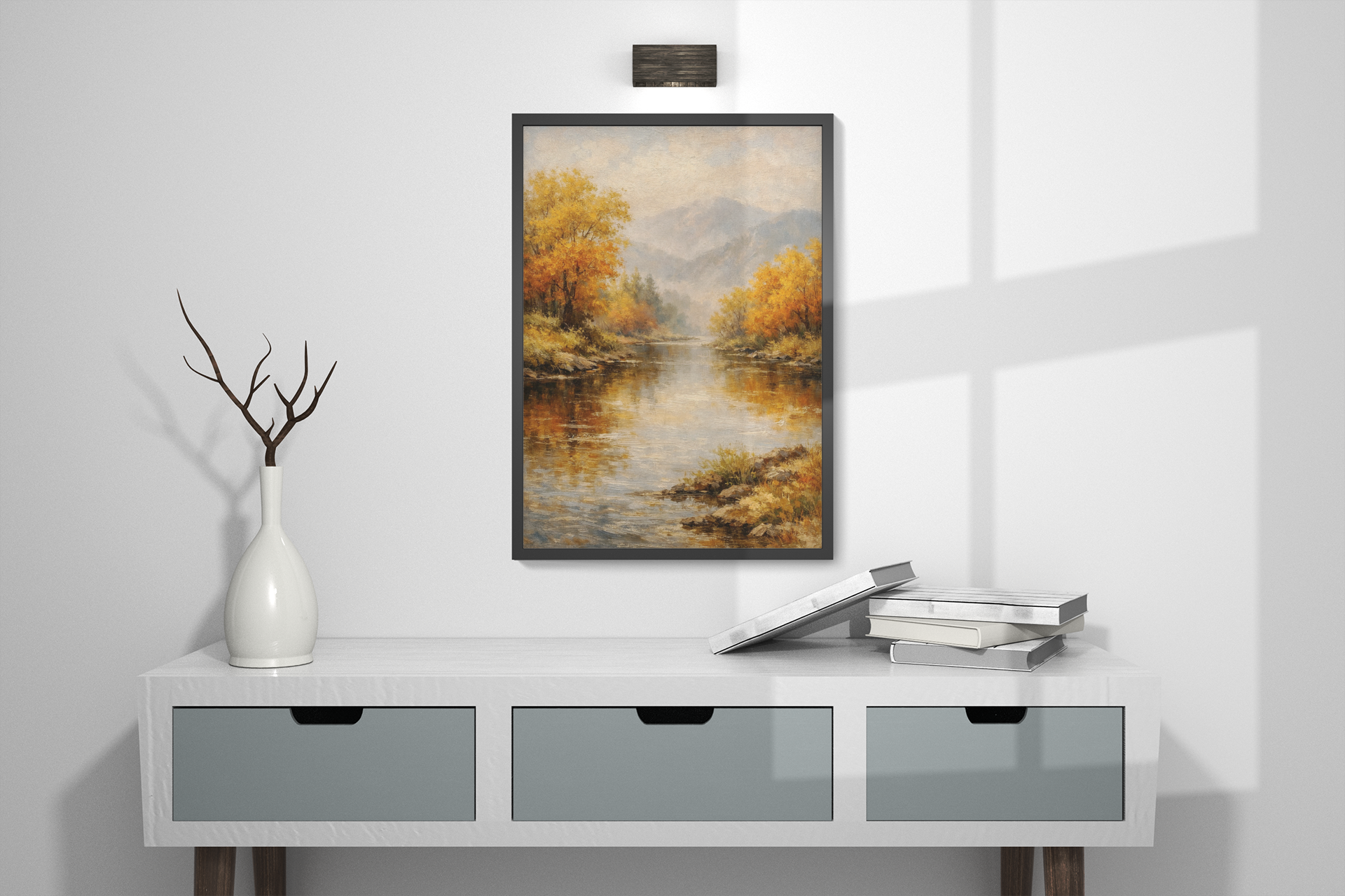 Mountain River Landscape – Framed Canvas Wall Art