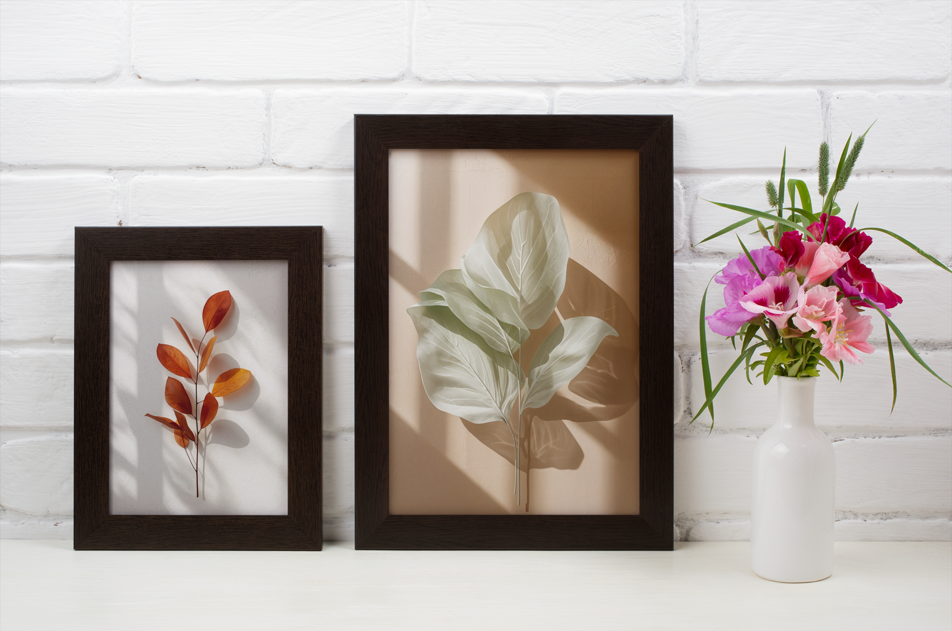 Soft Neutral Leaf Print Wall Art, Minimalist Botanical Decor with Warm Light Shadow, Calm Modern Interior